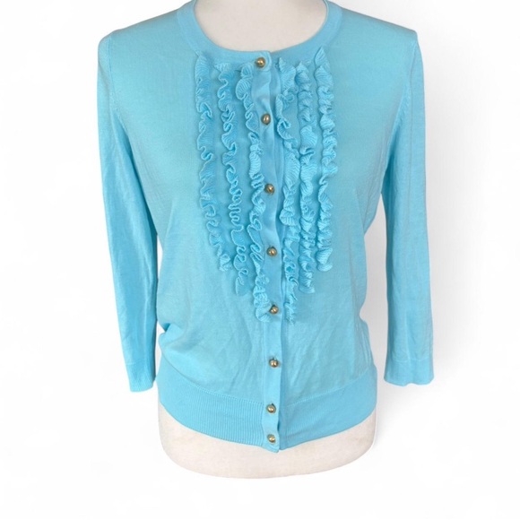 Talbots Aqua Blue Ruffle Button-Up Women's Sweater - Picture 2 of 6
